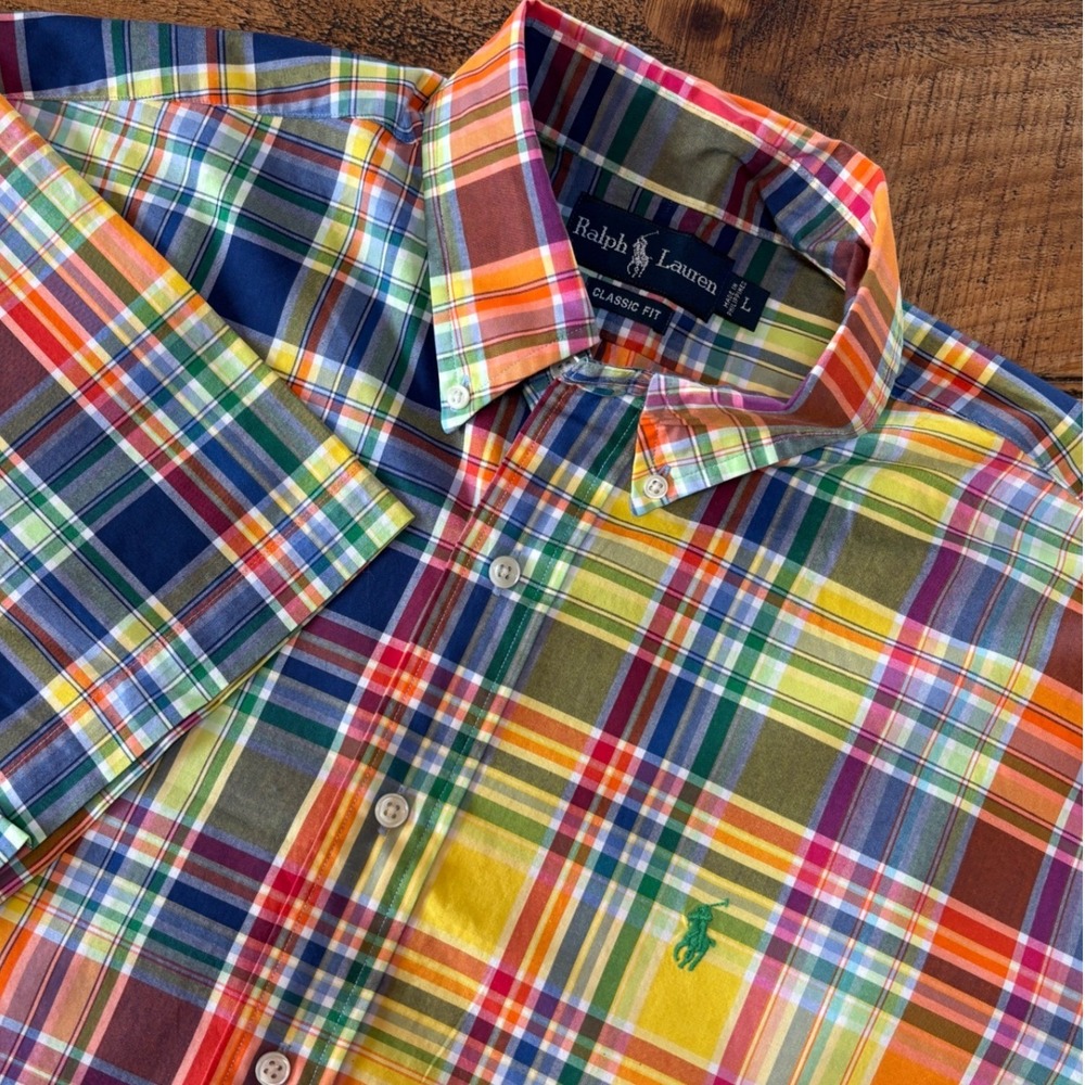Ralph Lauren Mens‎ Colorful Plaid Spring Summer Short Sleeve Button Up Shirt L